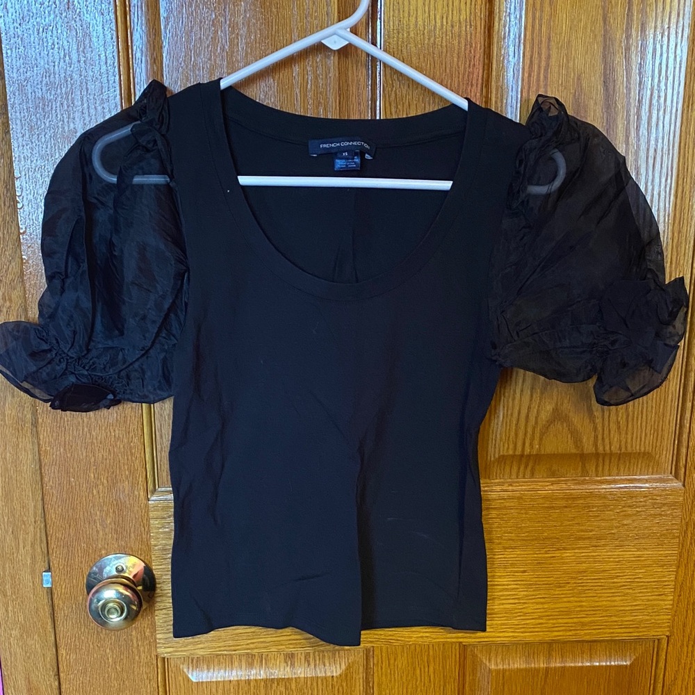 French Connection Elegant Black Sheer Sleeve Blouse